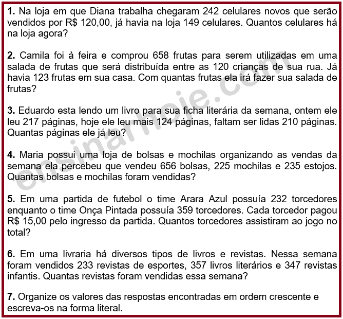 Atividade de matemática: Problemas de adição e subtração - 4º ano