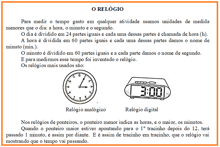 ATIVIDADE DE MATEMÁTICA HORAS: AS PARTES DE UM RELÓGIO