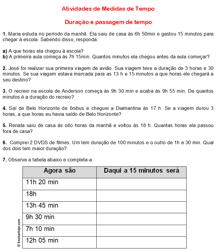 Matemática - Tempo  Atividades de matemática 3ano, Medidas de tempo,  Questões de matemática