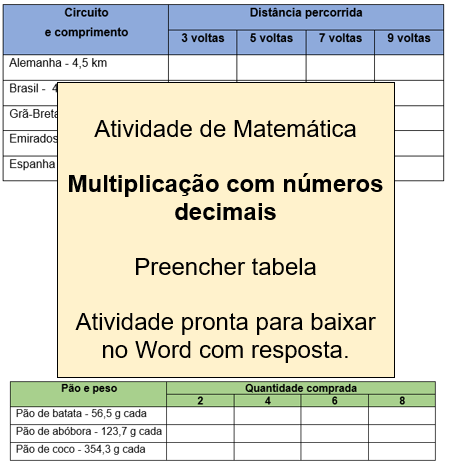 Atividade de multiplicação com números decimais para 4º e 5º ano com respostas.