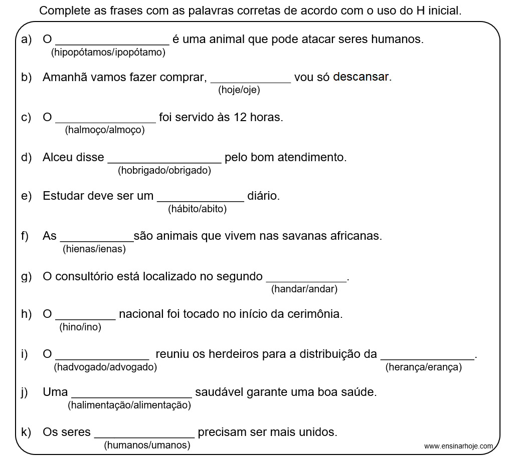 Ortografia H Inicial Atividades Ensinar Hoje