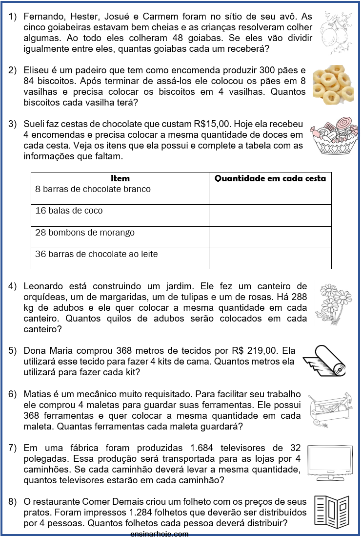 Atividade de matemática 4º ano: situações problema 4 ano