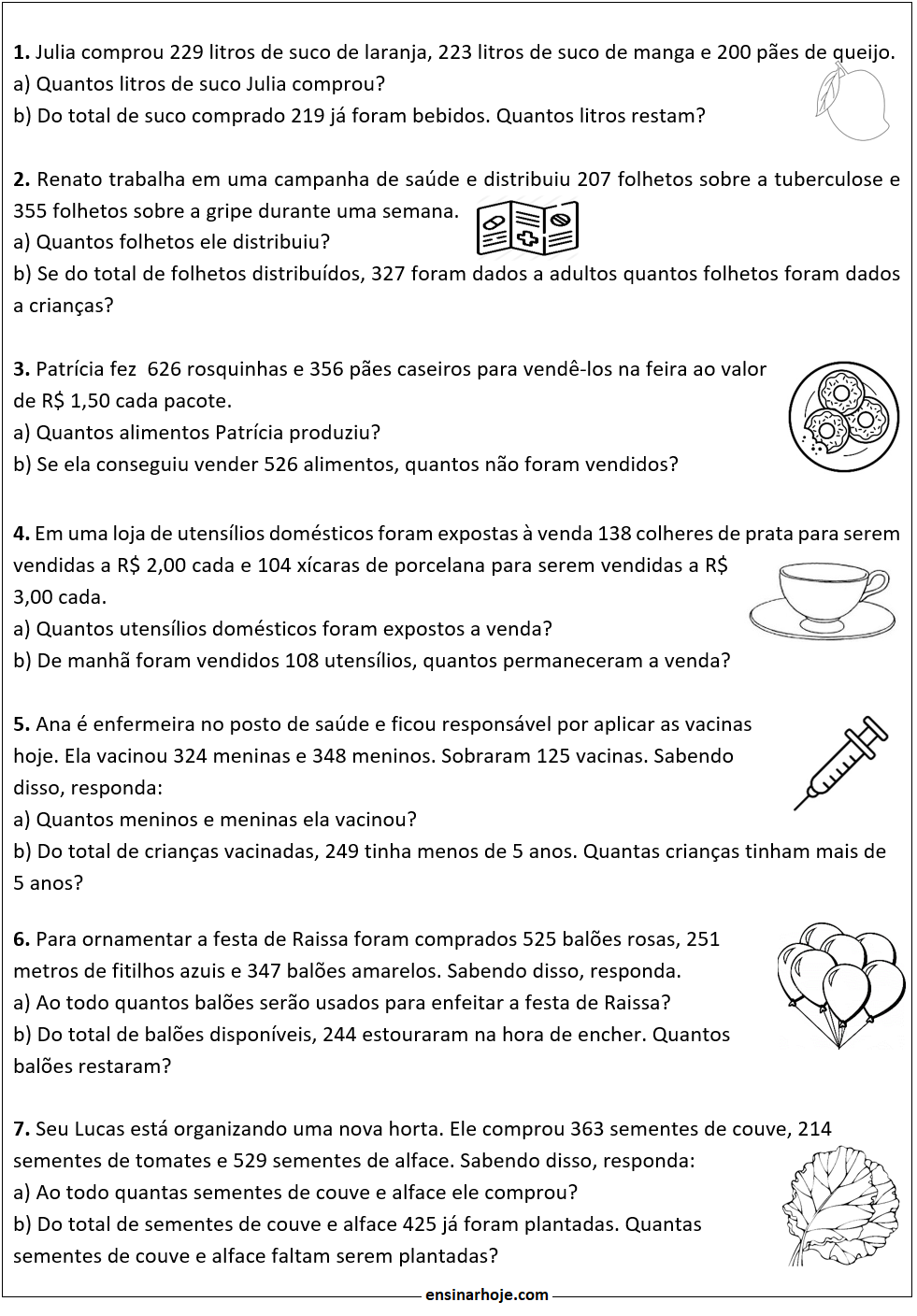 Problemas De Adição E Subtração o Ano EDUKITA